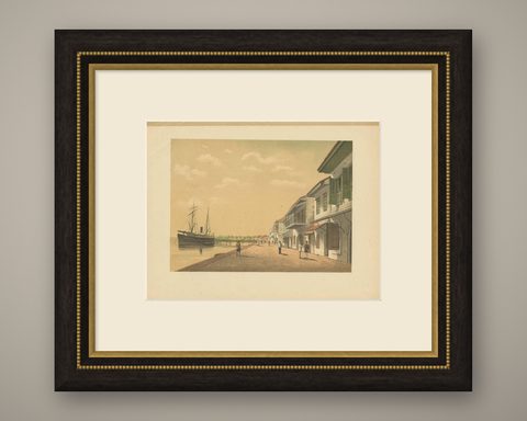 Antique Print of a Steamship at Tanjung Burung by M.T.H. Perelaer, 1888, shown framed