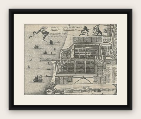 Antique Plan of the Castle & City of Batavia 'Jakarta' on Java, Indonesia, c1669, shown framed