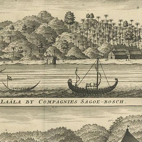 Antique Print with Three Views of Ambon by Valentijn, 1726, close-up 1