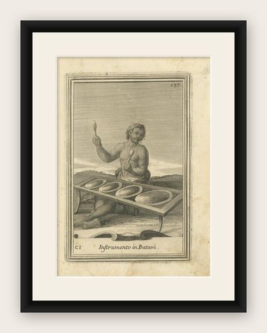 Antique Print of Musical Instruments in Banten by Bonanni '1725', shown framed