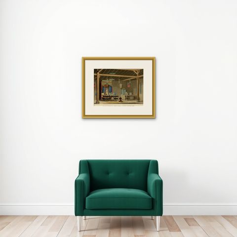 Old View of the Interior of the Chinese Temple of Coupang or Kupang, Timor, 1825, shown framed on a wall, true to size