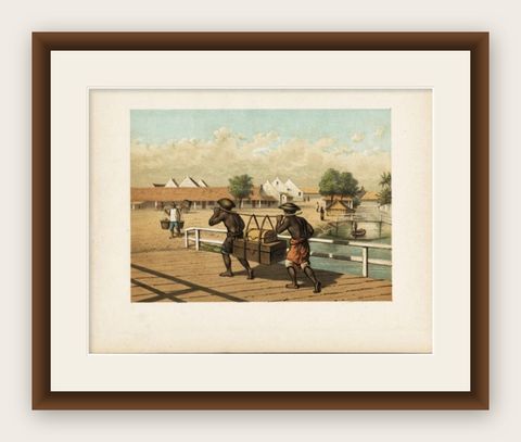 Antique Print of Native 'Koelies' or Carriers on Java, Indonesia, 1888, shown framed