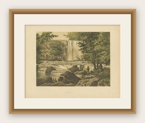Antique Print of a Waterfall on Java by M.T.H. Perelaer, 1888, shown framed