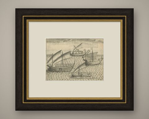 Javanese and Malay Ships near Bantam, from Pontanus’ Amsterdam History, 1611, shown framed