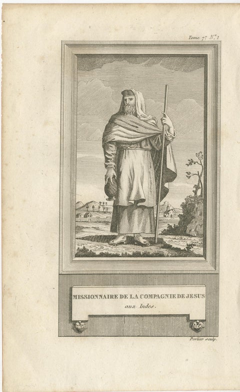 Jesuit Missionary in the Indies, Antique French Engraving by Portier, c.1790, view 2