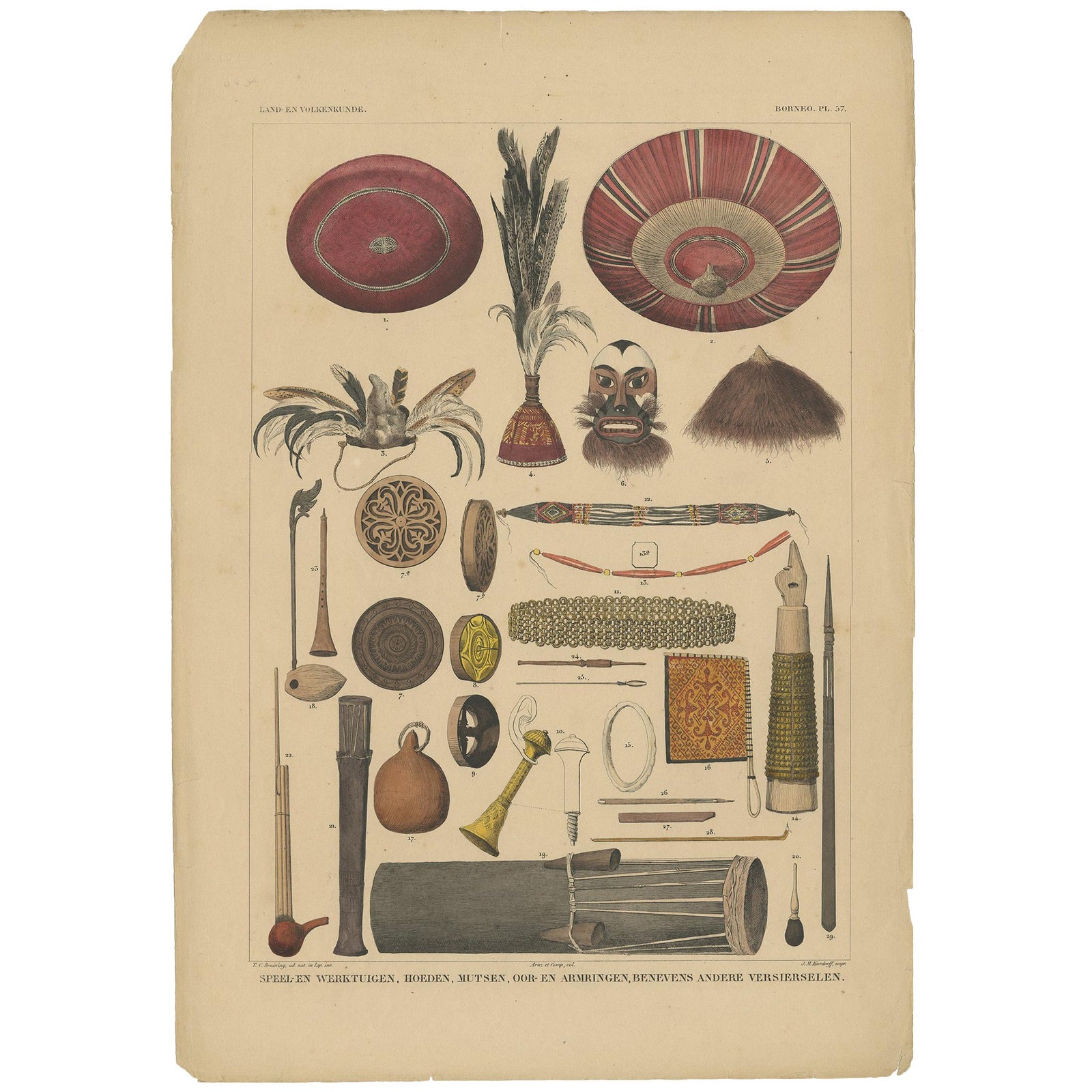 Antique Print with Tools from Borneo 'Indonesia' by Temminck, circa 1840