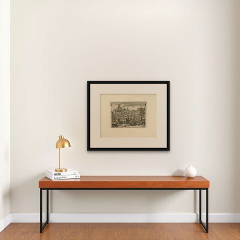 Antique Print of Trade and Merchandise at Bantam, Indonesia by P. Van Der Aa, shown framed on a wall, true to size