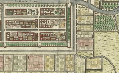 Hand-Colored 1750 Plan of Batavia, Colonial Jakarta, Indonesia by Jacques Bellin, close-up 1