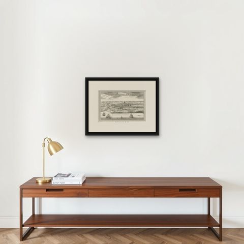 Decorative Original Antique Panoramic View of Atjeh on Sumatra, Indonesia, 1756, shown framed on a wall, true to size