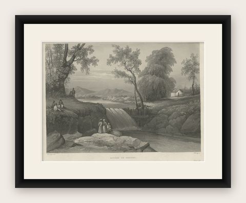 Original Antique Print of the Bezouki or Basuki River 'Java' in Indonesia, 1835, shown framed