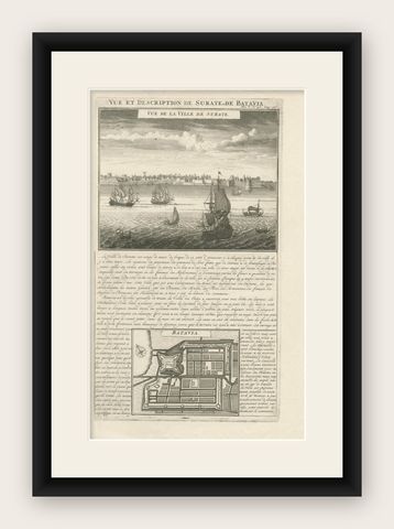 Antique View of Surat & Plan of Batavia, VOC India & Indonesia, Chatelain, 1719, shown framed