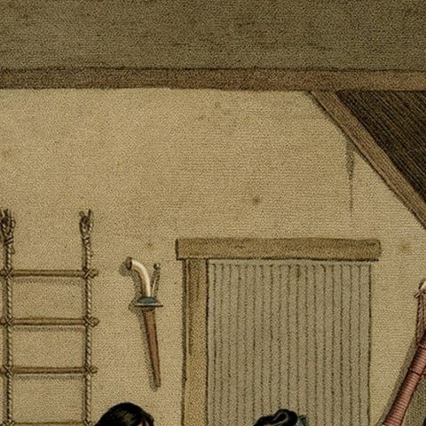 Interior with Native Timorese and an European in Kupang, Indonesia, 1825, close-up 1