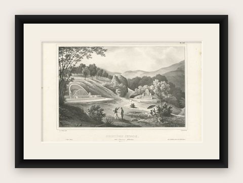 Antique Print of a Chinese Cemetery near Ambon, Indonesia by D'Urville, 1833, shown framed