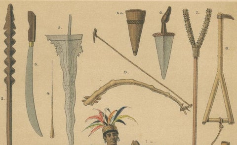 Antique Print, Javanese & Dayak Weapons, Spears, Kris & Ceremonial Arms, 1860, close-up 3