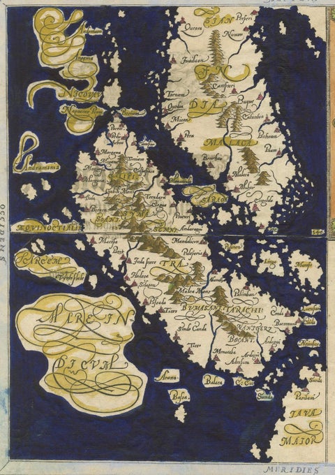 Renaissance Mapping of Sumatra: Featuring Singapore in Münster’s Woodcut, c.1590, close-up 6