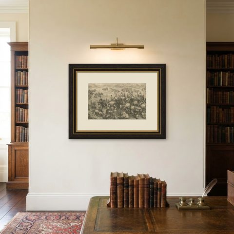 Engraving of Dutch Attacking the Portuguese Fleet off Bantam, Indonesia, 1644, shown framed on a wall, true to size