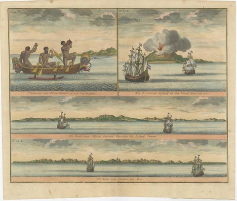 Colored Antique Print of New Guinea Fishermen and views of New Guinea, view 2