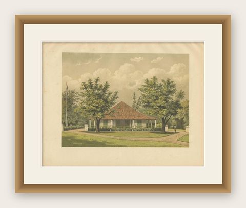 Antique Print of a Residence on Java by M.T.H. Perelaer, 1888, shown framed