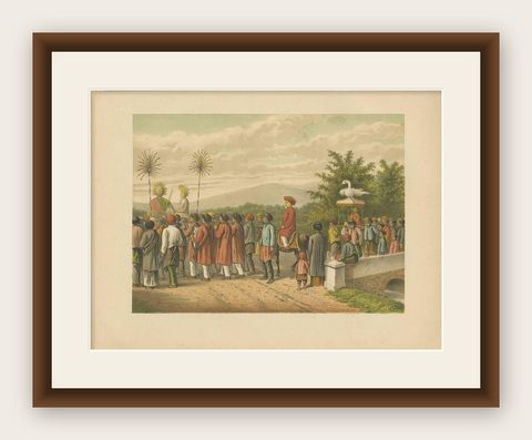 Antique Print of a Javanese Wedding Ceremony by M.T.H. Perelaer, 1888, shown framed