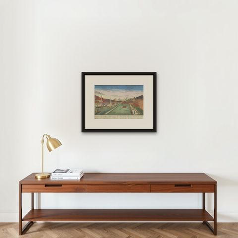 Rare Print of the Pearl Bastion of Castle Batavia in the Dutch East Indies, 1770, shown framed on a wall, true to size