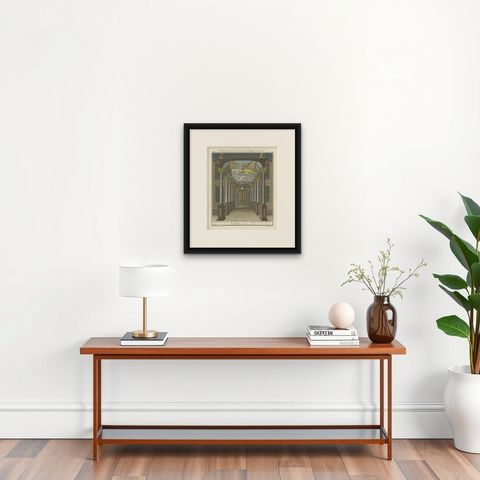Print of the Interior of the Governor General's Home on Java (Indonesia), 1739, shown framed on a wall, true to size
