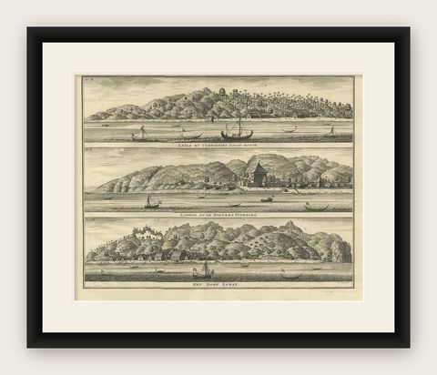 Antique Print with Three Views of Ambon by Valentijn, 1726, shown framed
