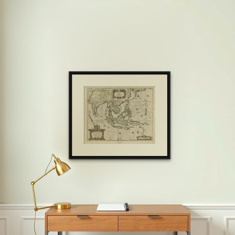 Old Antique Map of the East Indies and Southeast Asia, ca.1644, shown framed on a wall, true to size