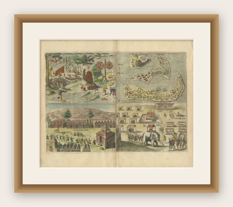 Antique Engravings of Mauritius and Indonesia, incl de Banda Islands, c.1730, shown framed