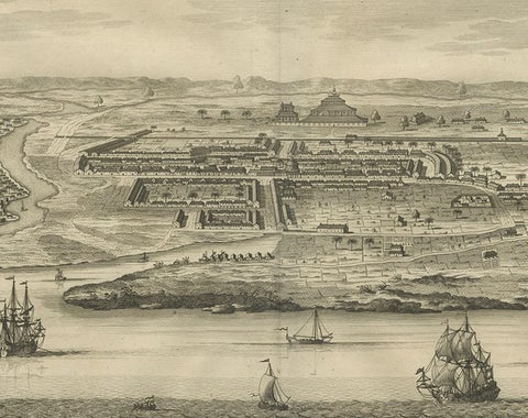 Antique Bird's Eye-view Atjien or Atjeh in Aceh in Northern Sumatra, Indonesia, close-up 1