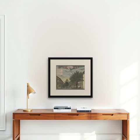 Old Print of the Governor-General's Residence in Batavia, Indonesia, 1739, shown framed on a wall, true to size