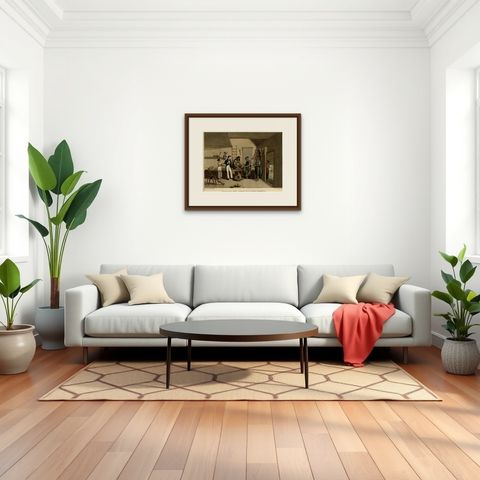 Interior with Native Timorese and an European in Kupang, Indonesia, 1825, shown framed in a room, true to size