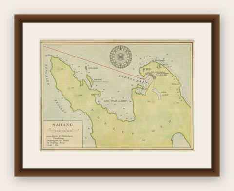 Sabang Bay & Pulau Weh, Antique Dutch Colonial Map of Sumatra, Indonesia, 1910, shown framed