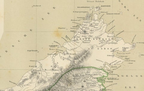 Rare Antique Map of Borneo (Kalimantan), Dutch East Indies Colonial Era, 1884, close-up 2
