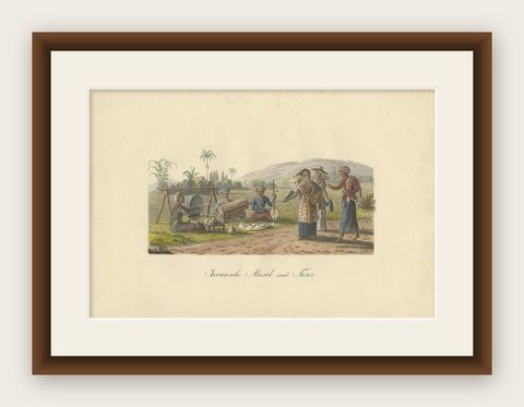Antique Print of Music and Dance of Java by Hurter, circa 1830, shown framed