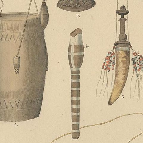 Print Weapons and Tools of Timor & Solor 'Indonesia' by Temminck, circa 1840, close-up 2