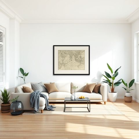 Antique Map of South East Asia, Australia and the Indian Ocean, 1726, shown framed in a room, true to size