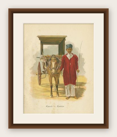 Antique Print of Indonesian Coachman with Horse and Car, 1909, shown framed