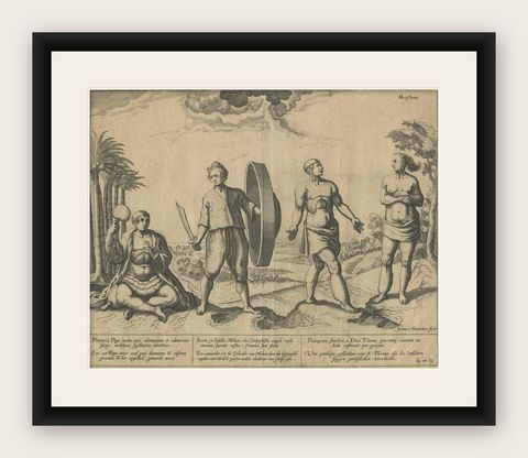 Natives from Pegu, the Moluccan Islands, Penequais Indians and St Thomas, c.1605, shown framed