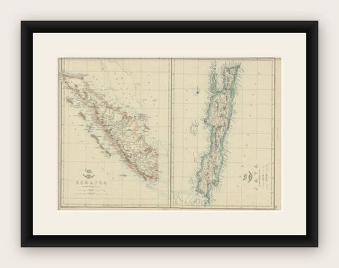 Antique Map of Sumatra and Java by Weller, c.1860, shown framed