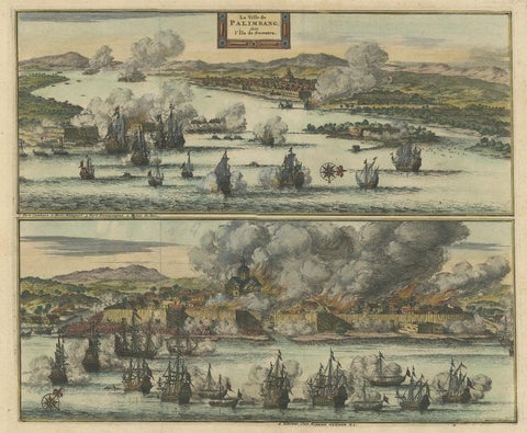 Antique Print of the Dutch VOC Bombing Palembang, Sumatra (Indonesia), ca.1700, view 2
