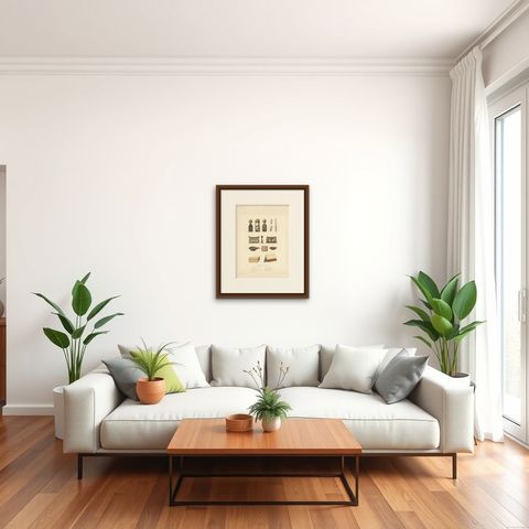 Antique Print of Artifacts from New Guinea, shown framed in a room, true to size