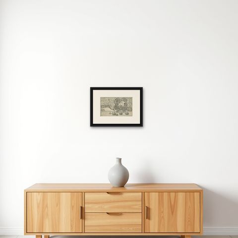 Antique Print of Bantam, Java, Indonesia by De Bry, c.1610, shown framed on a wall, true to size