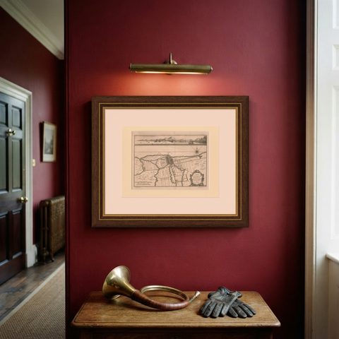 Old Engraving of Batavia 'Jakarta, Indonesia' with Map and Harbour View, 1750, shown framed on a wall, true to size