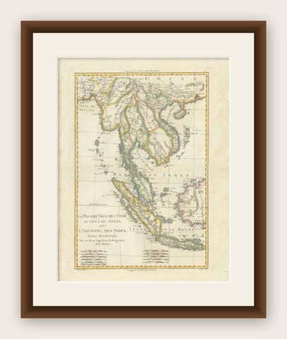 Elegant 18th Century Map of Southeast Asia, Siam, Sumatra & Java by Bonne, 1787, shown framed