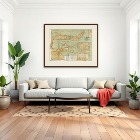 Antique Map of the Gulf of Tomini by Winkler Prins, 1878, shown framed in a room, true to size