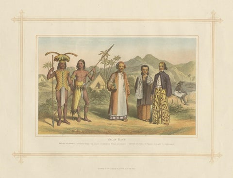 Antique Chromolithograph Depicting Native Malays, Incl Dayaks of Borneo, 1882, close-up 1