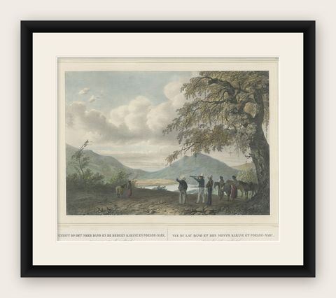 Antique Print of a Poeloe Sari and Karang Sari Mountain, West Java, Indonesia, shown framed
