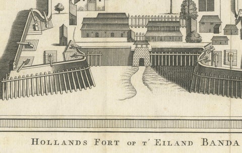 VOC Fort Nassau at Banda of The Spice Islands, Bird’s-eye View Engraving, c.1740, close-up 3