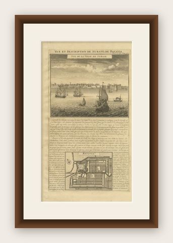 Antique Print of Surate and a Plan of Batavia in the Dutch East Indies, 1719, shown framed