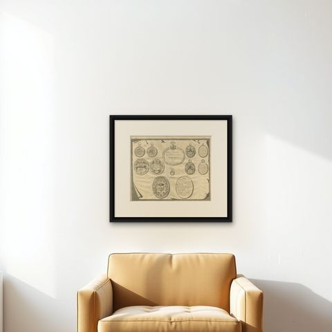 Antique Print Memorial Plaques of Ambon by Valentijn, 1726, shown framed on a wall, true to size